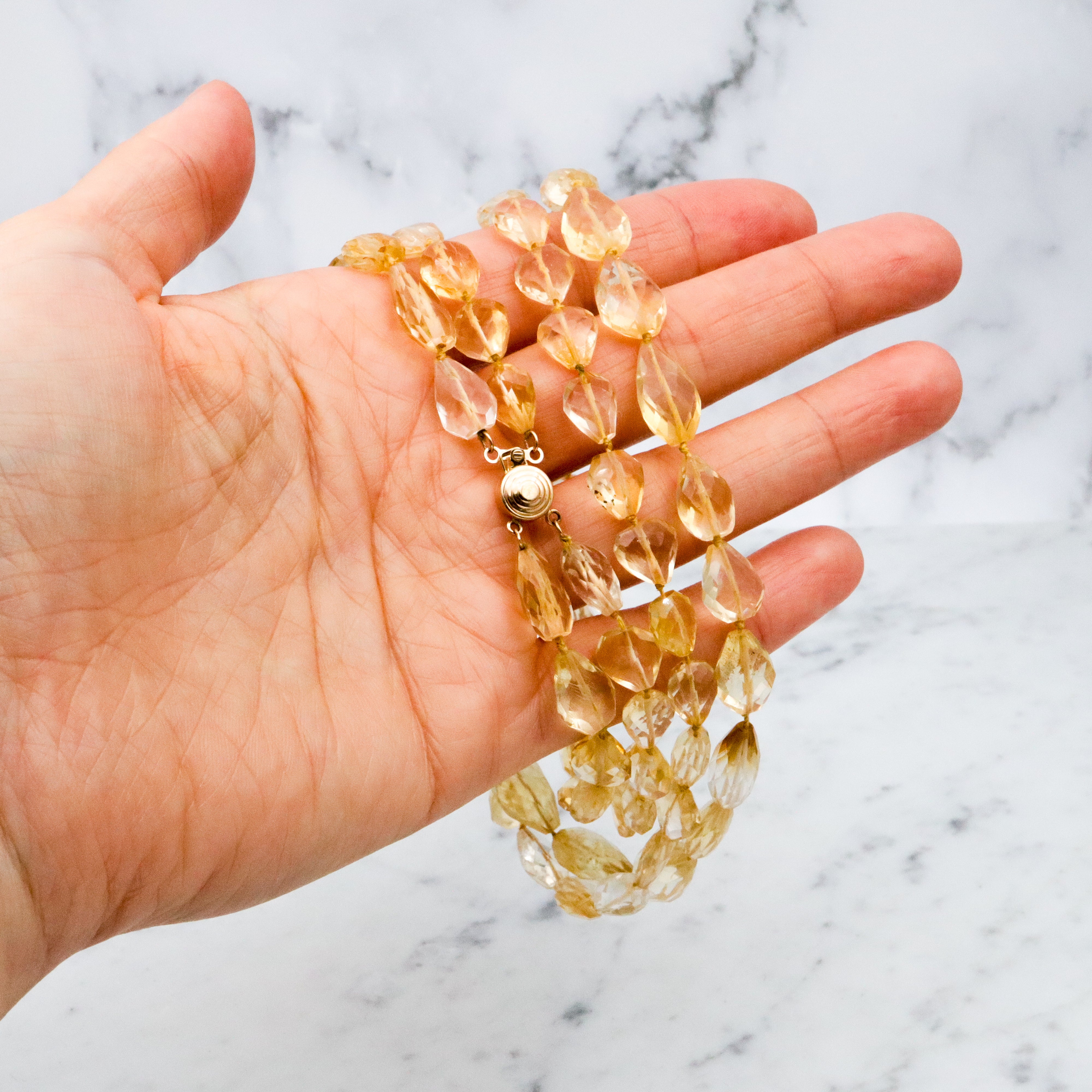 Retro double strand hand cut natural citrine beaded necklace with 14k clasp